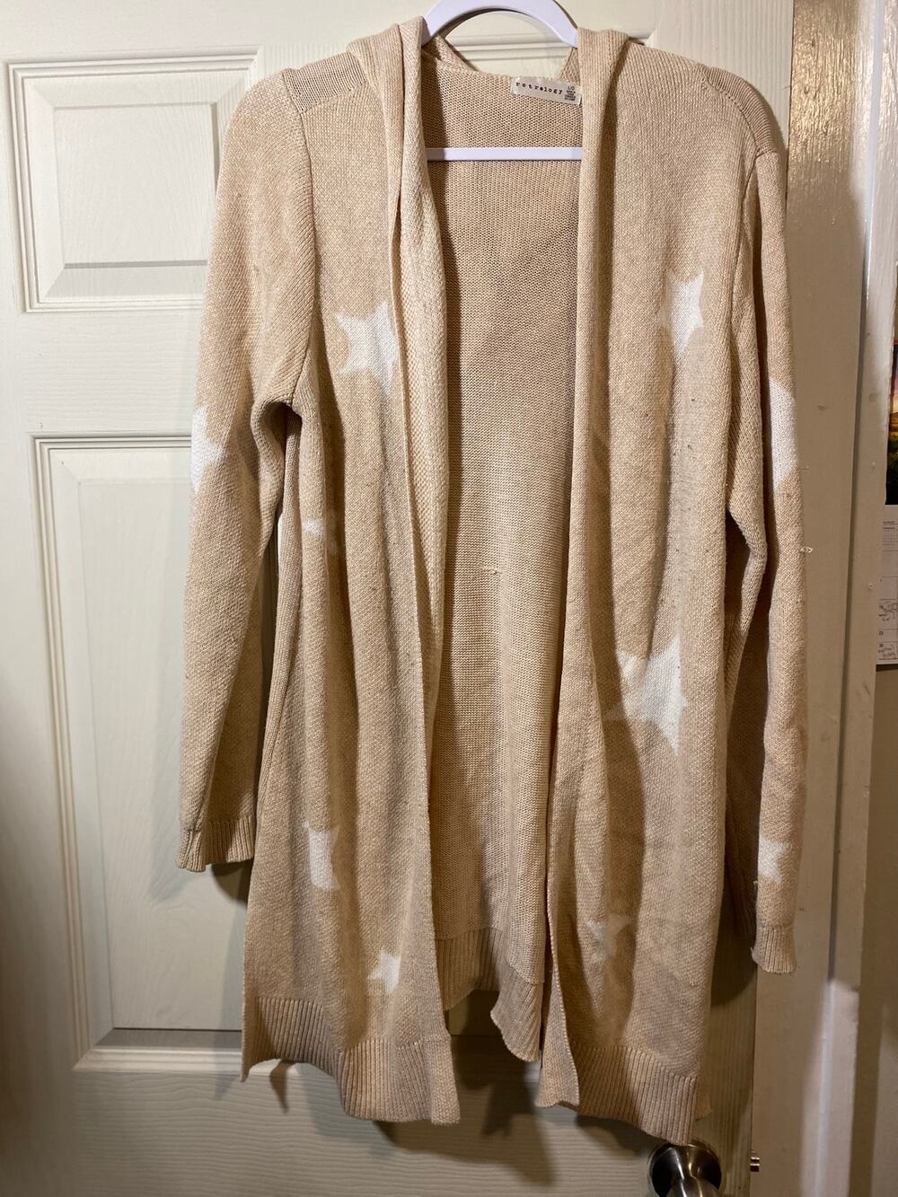Women's Retrology Tan Cardigan With White Stars and Hood Size Large